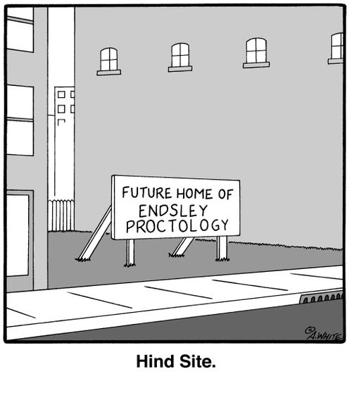 Hind Site. (Sign: Future Home of Endsley Proctology).