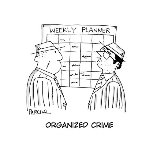 Organized crime: two mobsters looking at a planning chart.