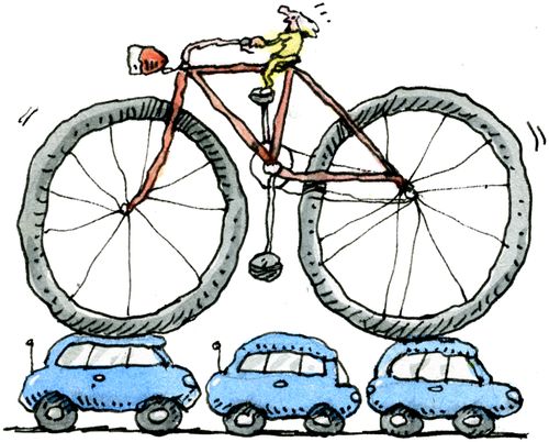 Giant bike rides over cars.