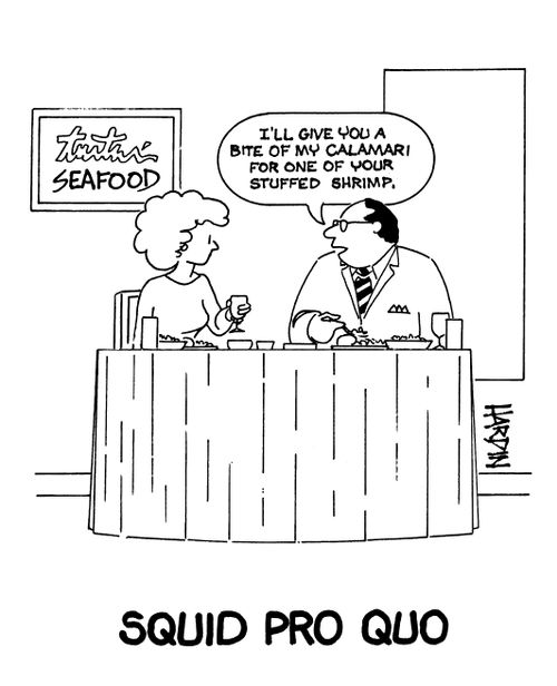 'I'll give you a bite of my calamari for one of your stuffed shrimp.'