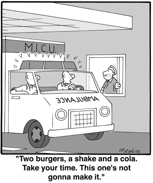 'Two burgers, a shake and a cola. Take your time. This one's not gonna make it.'