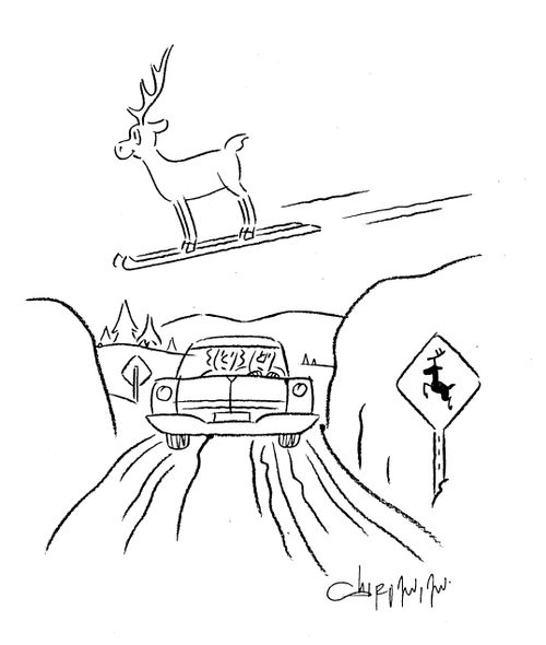 'Deer ski-jumping across a road.'
