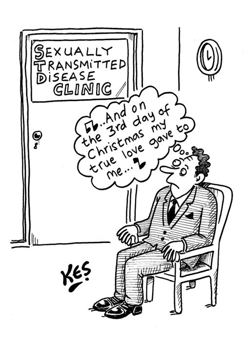 Man sits outside an STD clinic thinking of the twelve days of Christmas. 