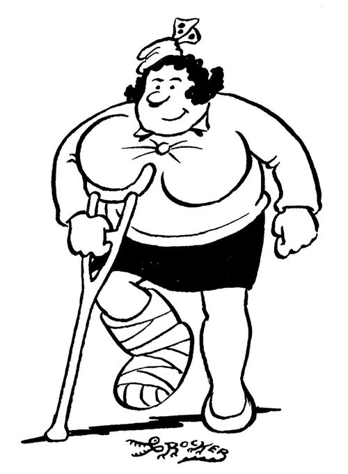 Fat lady with sprained ankle has crutch under one breast.