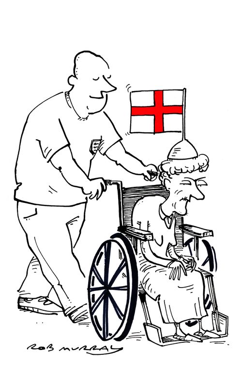 Football fan pushing an old lady in a wheelchair with an England flag on her head.