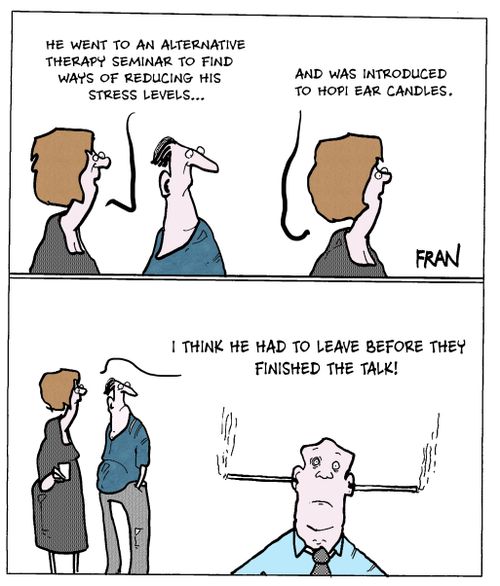 "He went to an alternative therapy seminar to find ways of reducing his stress levels..."
