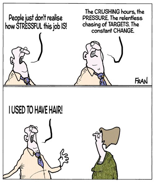 "People just don't realise how stressful this job is! The crushing hours, the pressure. The relentless chasing of targets. The constant change....I used to have hair!"