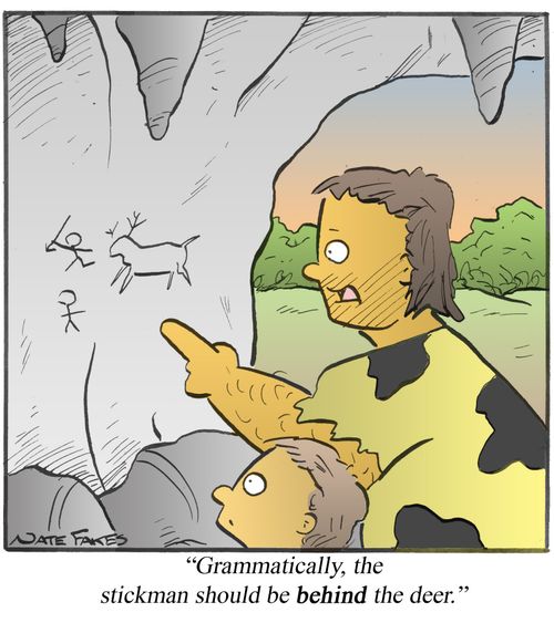 "Grammatically, the stickman should be behind the deer."
