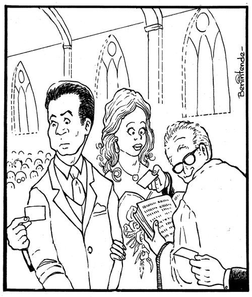 Divorce lawyers offering a Bride and Groom their business cards.