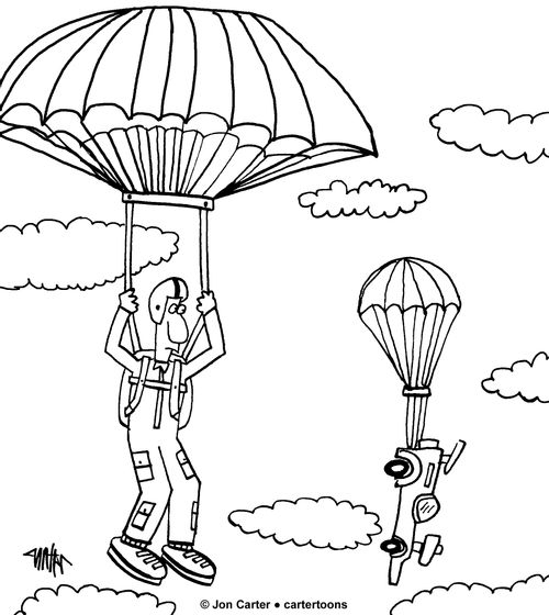 Parachuting man see drag racing car skydiving beside him.