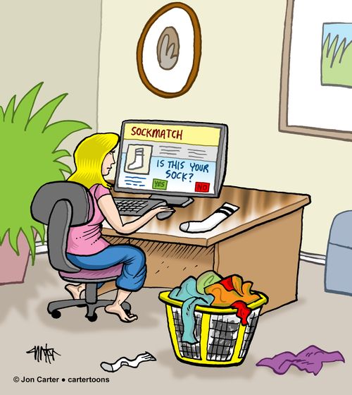 Woman is on computer searching a website for lost socks.