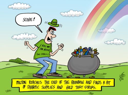 Milton reaches the end of the rainbow and finds a pot of diabetic supplies and gold test strips.