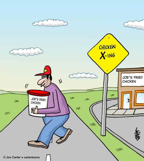 Chicken road crossing sign with man crossing road holding fast food chicken bucket.