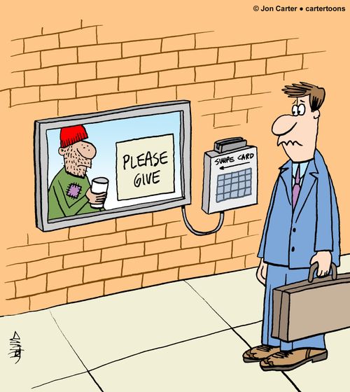 Beggar appears digitally on screen to beg for money with card swiper technology.