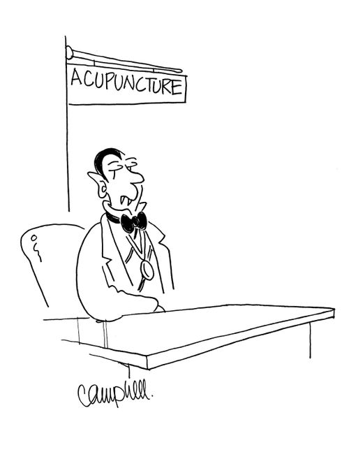 Vampire sits beneath a sign that says acupuncture
