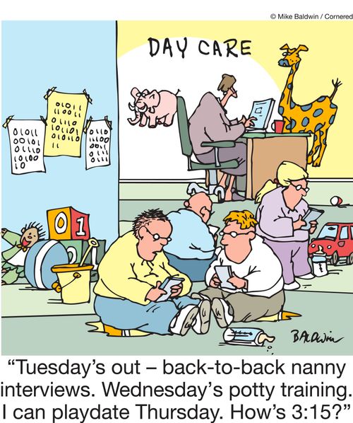 "Tuesday's out - back-to-back nanny interviews. Wednesday's potty training. I can playdate Thursday. How's 3:15?"