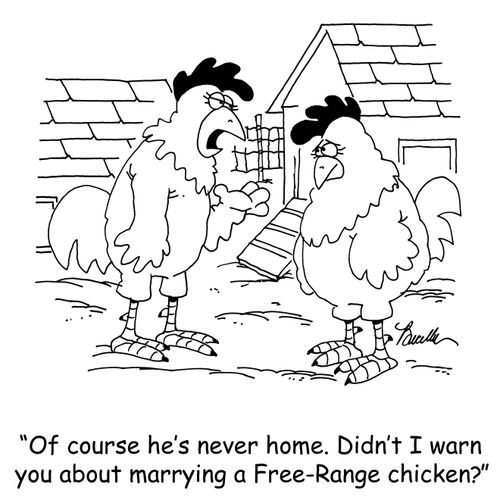 'Of course he's never home. Didn't I warn you about marrying a Free-Range chicken?'