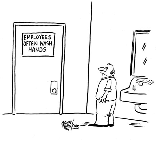 Man sees sign as he exits bathroom: 'Employees Often Wash Hands'.