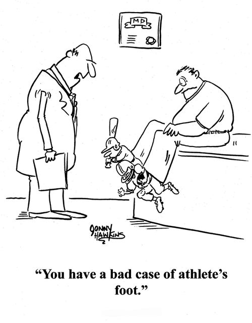 Doctor to man with baseball player and footbal player on feet: 'You have a bad case of athlete's foot.'