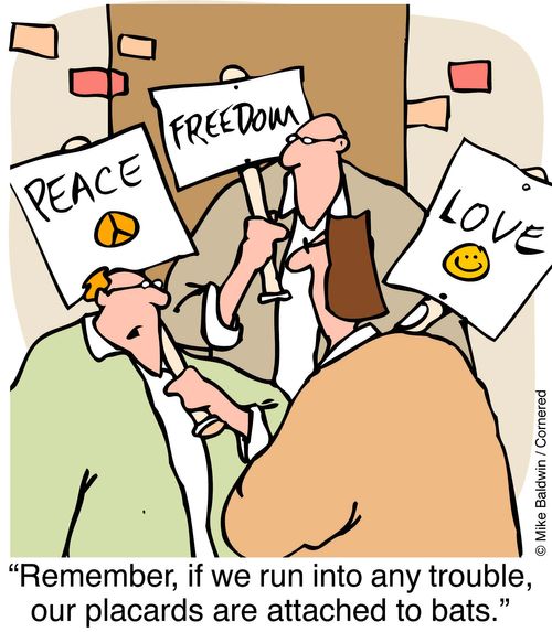 Peace protest - "Remember if we get in trouble our placards are attached to bats.