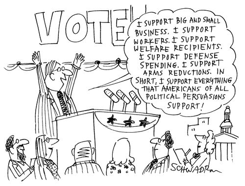 An election candidate giving contradicting promises.