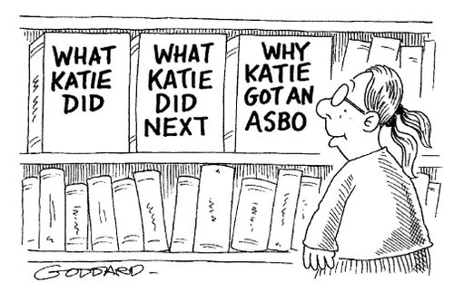 Girl looking at a series of books about Katie, the last one about 'Why Katie got an ASBO'.