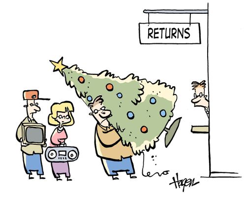 Man returning Christmas tree after Christmas is over.