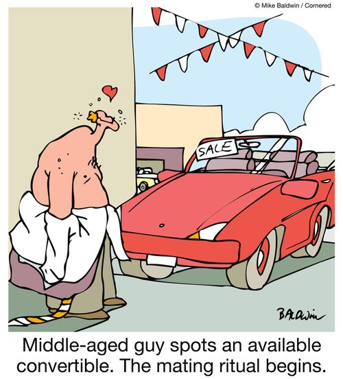 Middle-aged guy spots an available convertible. The mating ritual begins.