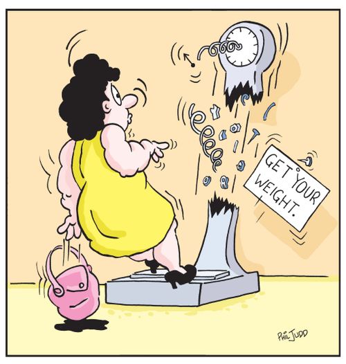 Lady getting her weight taken and machine exploding under pressure.