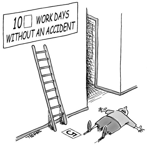 Man putting up accident prevention sign falls off ladder.