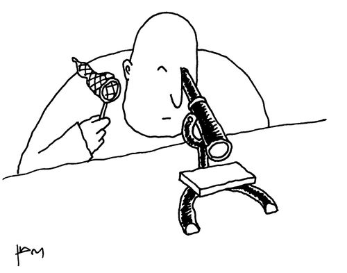 Man with tiny net peers through microscope.
