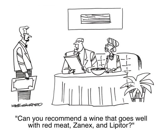 'Can you recommend a wine that goes well with red meat, Zanex, and Lipitor?'