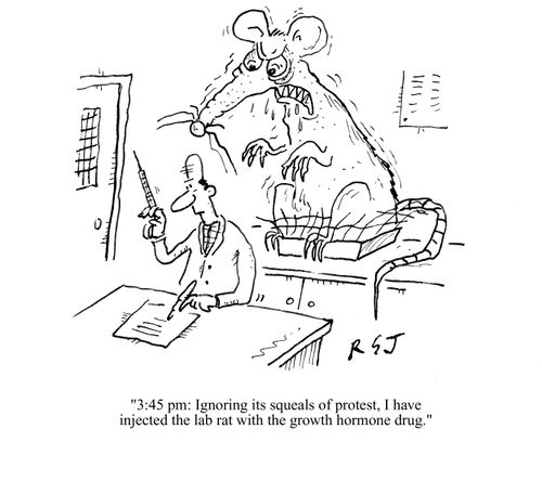'3.45 pm: ignoring its squeals of protest, I have injected the lab rat with the growth hormone drug.'