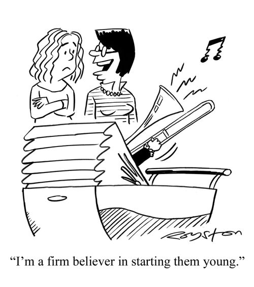 Trombone emerges from pram. Mother says: 'I'm a firm believer in starting them young.'