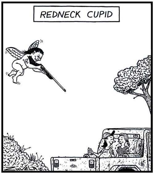 A Redneck Cupid with a shotgun about to fire open a Boy and Girl redneck couple.