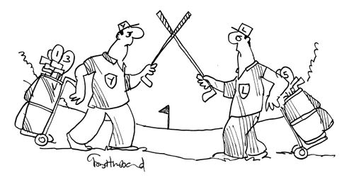 Golfers sword-fighting with golf clubs.