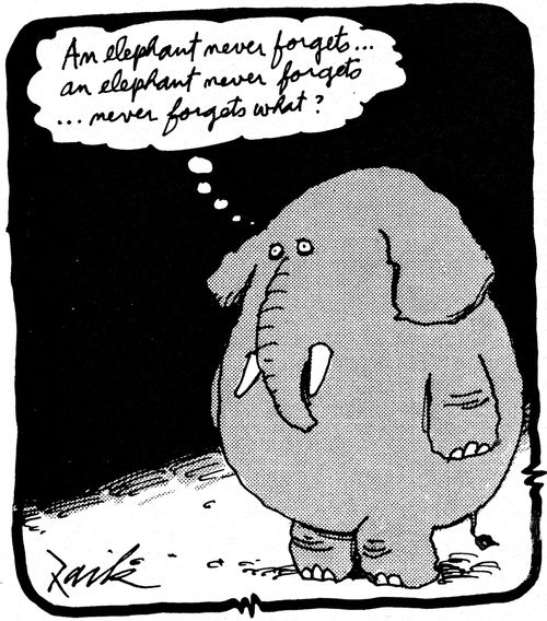 'An elephant never forgets...An elephant never forgets...Never forgets what?'