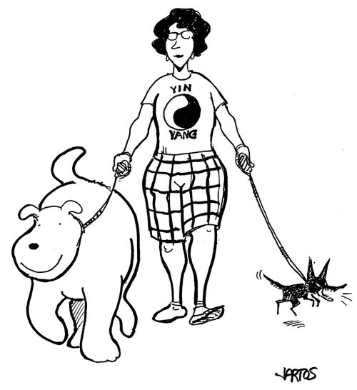 Lady wearing a yin and yang t-shirt whilst walking a big and a small dog.