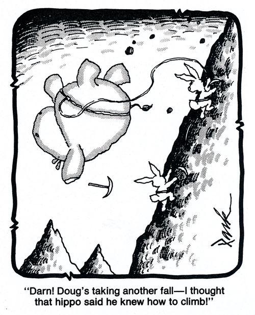 'Darn! Doug's taking another fall - I thought that hippo said he knew how to climb!'