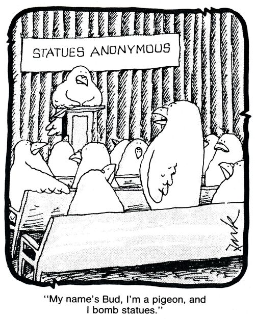 'My name's Bud, I'm a pigeon and I bomb statues.'
