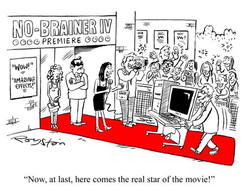 Computer wheeled down red carpet at film premiere. TV presenter says: 'Now, at last, here comes the real star of the movie!'