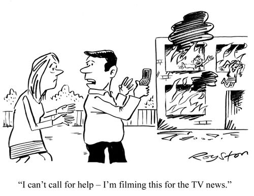 Man with mobile phone says: 'I can't call for help, I'm filming this for the TV news.'