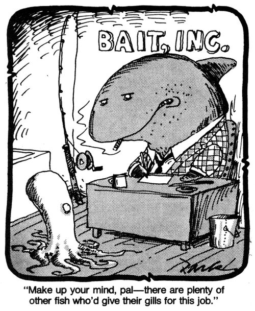 'Make up your mind, pal - there are plenty of other fish who'd give their gills for this job.'