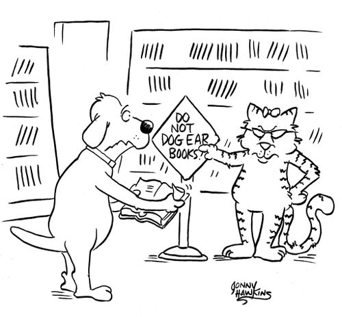 Cat pointing at 'Do Not Dog Ear Books' sign to dog.