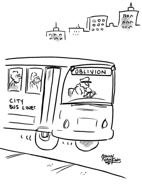 Bus has destination that reads, 'Oblivion'.
