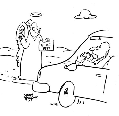 Angel hitchhiker has sign: 'Bible Belt'