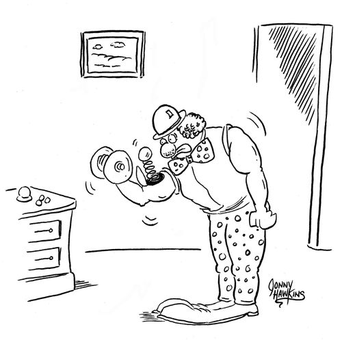 Clown doing curl with barbell has springing ball emerge from bicep.