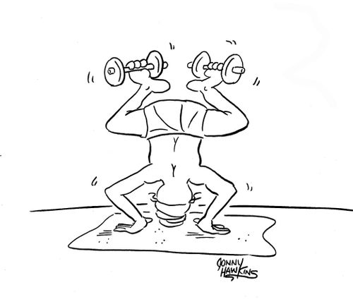 Yogi upside down weightlifting with feet.