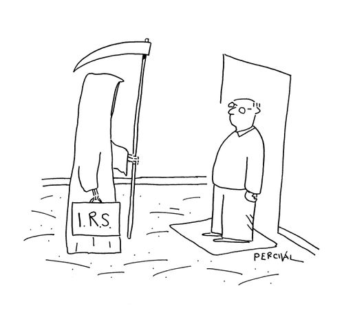 Man confronts death and taxes at the same time.