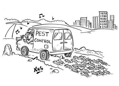 Pied Piper, in pest control van, leads away lots of rats